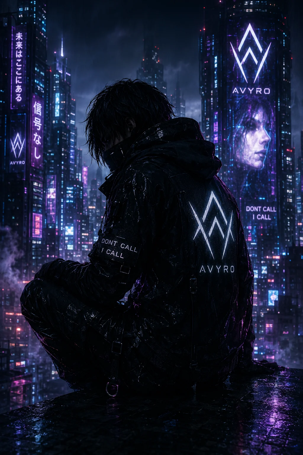 The masked AVYRO figure sitting above a neon city