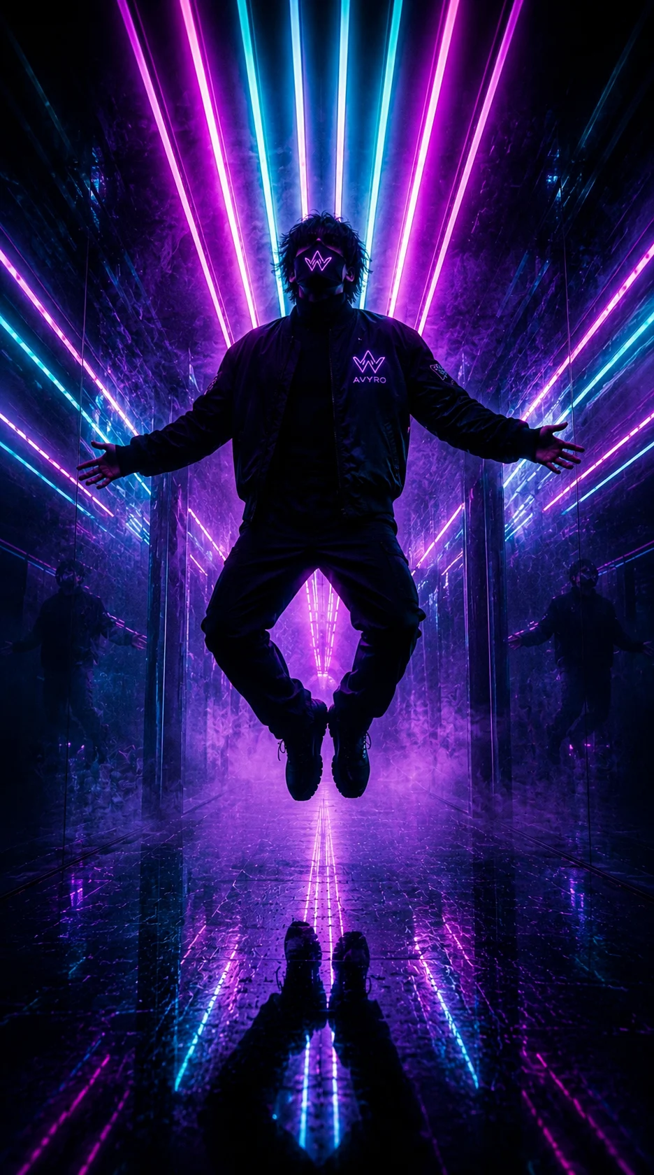 The masked AVYRO figure levitating in a neon corridor