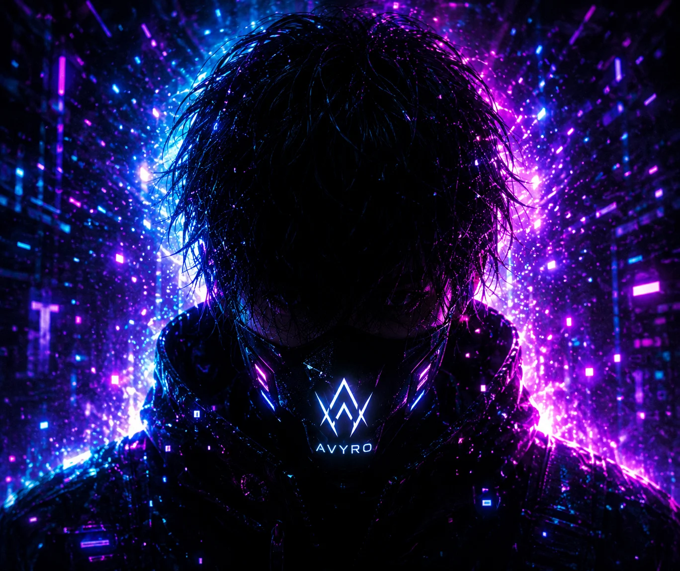 The masked AVYRO figure surrounded by blue and magenta light